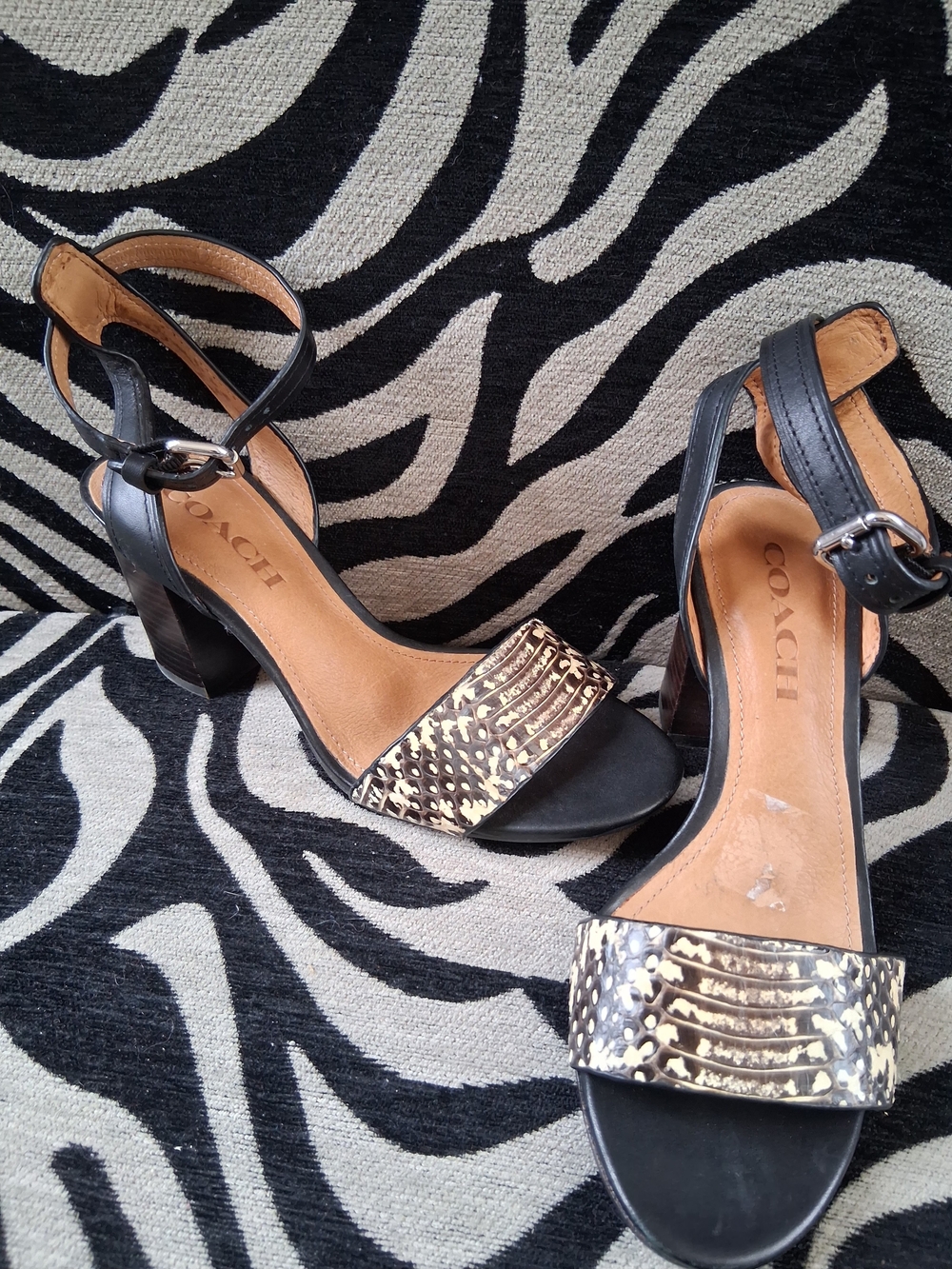 COACH Black Leather Block Heels with Metallic Gold Accent Strap
